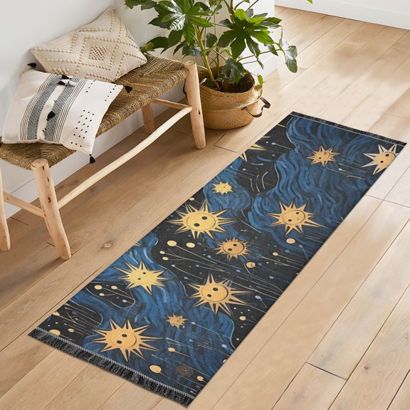 Sun in Blue and Black Runner Rug Machine Washable Area Rugs Carpet Non Slip Entryway Mat for Bedroom Entryway Front Door