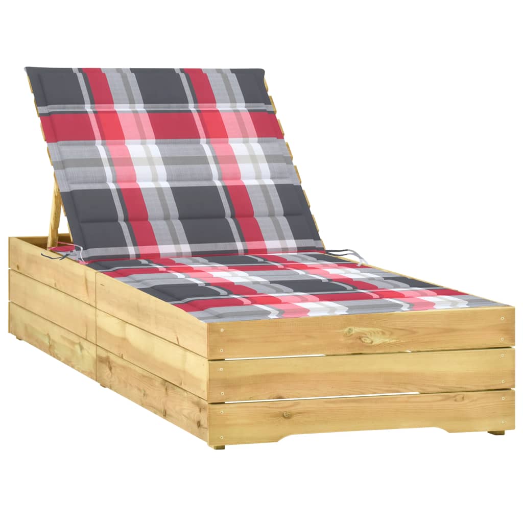 Sun lounger with red check pattern cushion impregnated pine