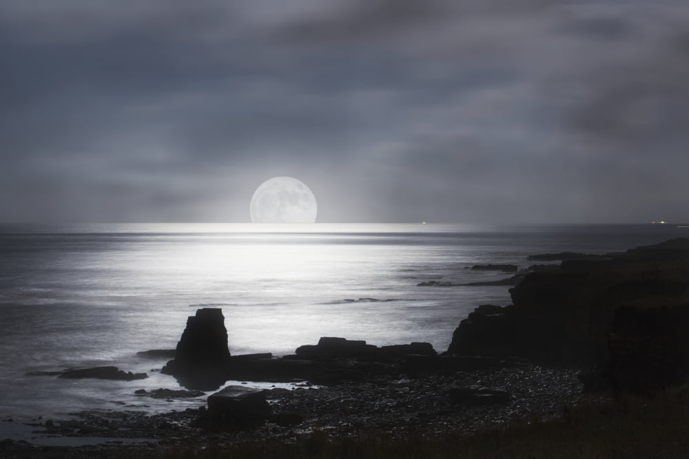 Sun rising over the horizon of the ocean with a silhouetted coastline South Shields Tyne and Wear England Canvas Art - John Short Design Pics (38 x 24)