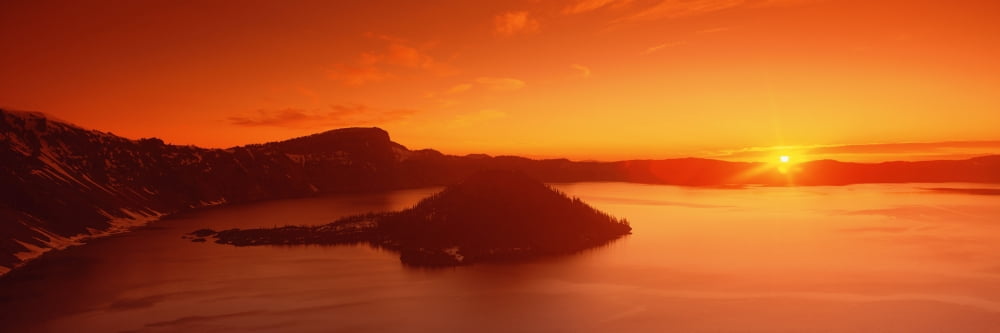Sun rising over Crater Lake National Park Oregon Canvas Art - Panoramic Images (36 x 12)