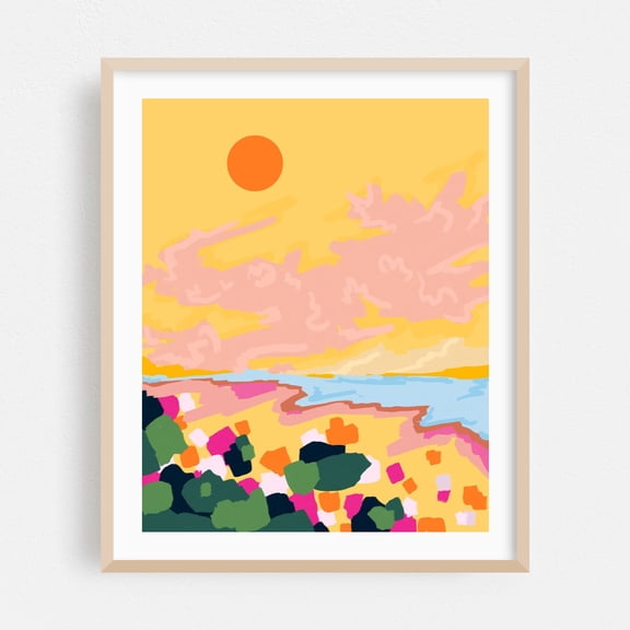 Sun's Embrace - India Illustration Sunset Abstract Coastal Beach Minimalist Pastel Summer Oak Framed Wall Art Print 9 x 12 inches