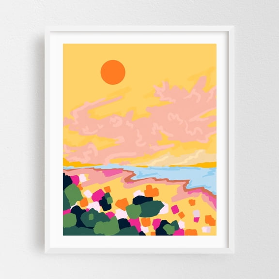 Sun's Embrace - India Illustration Sunset Abstract Coastal Beach Minimalist Pastel Summer White Framed Wall Art Print 8 x 10 inches