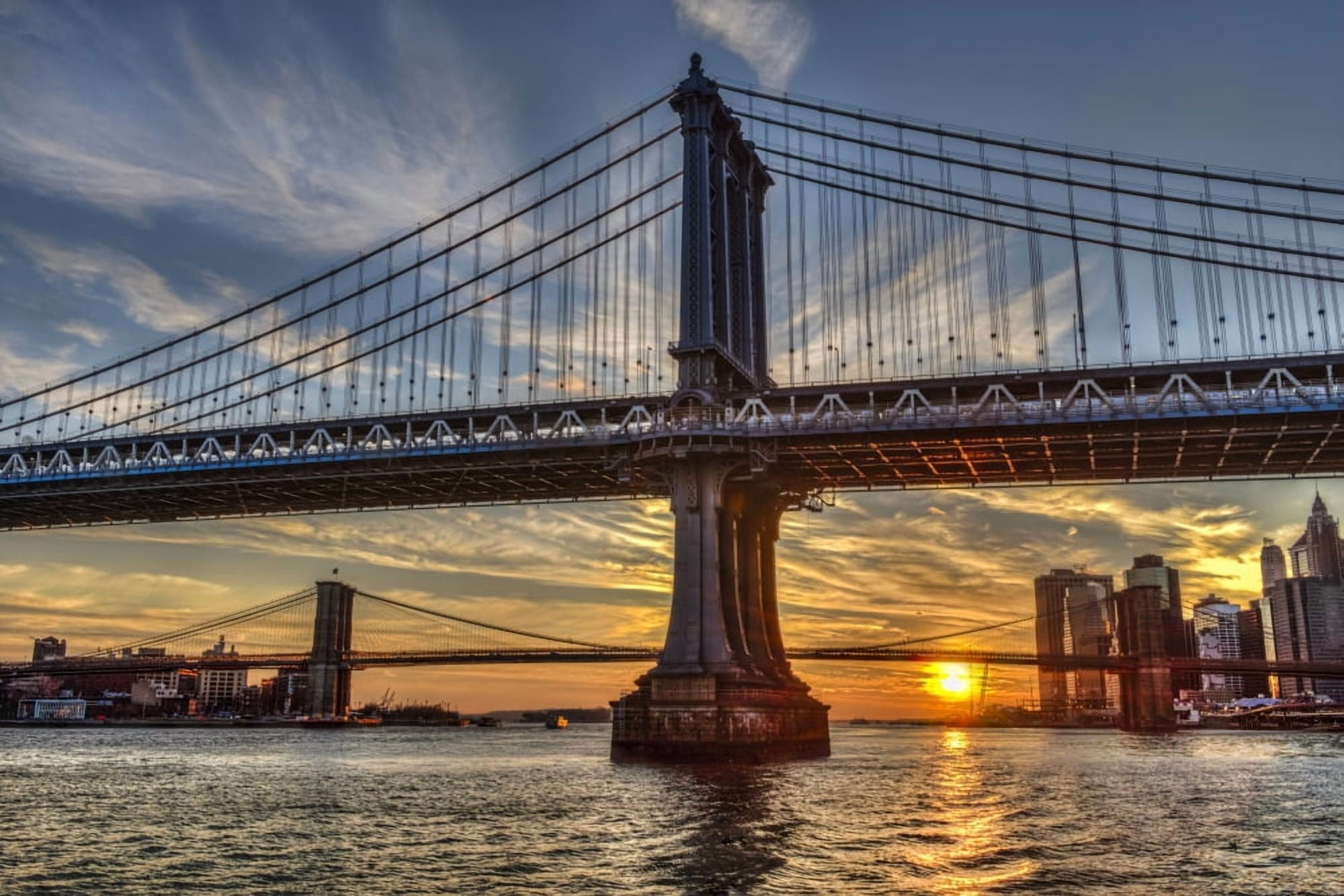 Sun setting behind Manhattan and Brooklyn Bridges New York City New York United States of America Canvas Art - F M Kearney Design Pics (38 x 24)