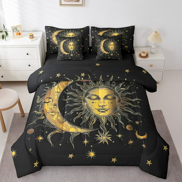 Sun snd Moon Bedding 7 Pcs for Boys Girls Universe Star Pattern Bed in a Bag Twin Size Bohemian Eoxtic Style Bedding Set with Comforter Galaxy Starry Sky Decor Bed Set Boho