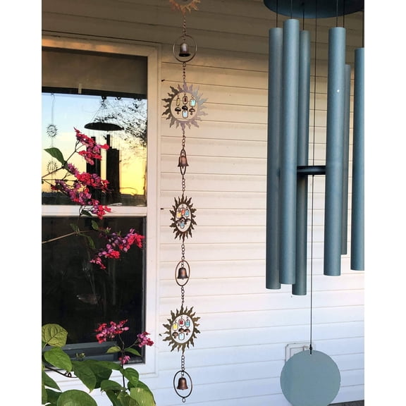 Happy Gardens Sun w/Dangles Hanging Ornament, Handcrafted Multicolor Sun Decor with Mini Bells for Indoor or Outdoor Display