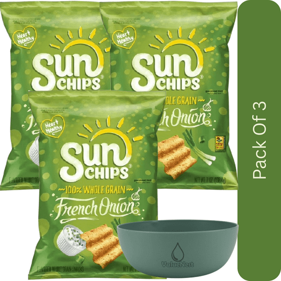 SunChips French Onion Whole Grain Snack Chips  7 oz Bag, Crunchy & Savory With Olive Green Bowl By ValueNest