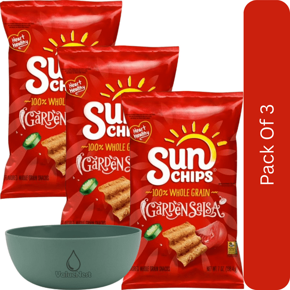 SunChips Garden Salsa Whole Grain Snacks, 7 oz Bag-3pk, With Olive Green Bowl By ValueNest