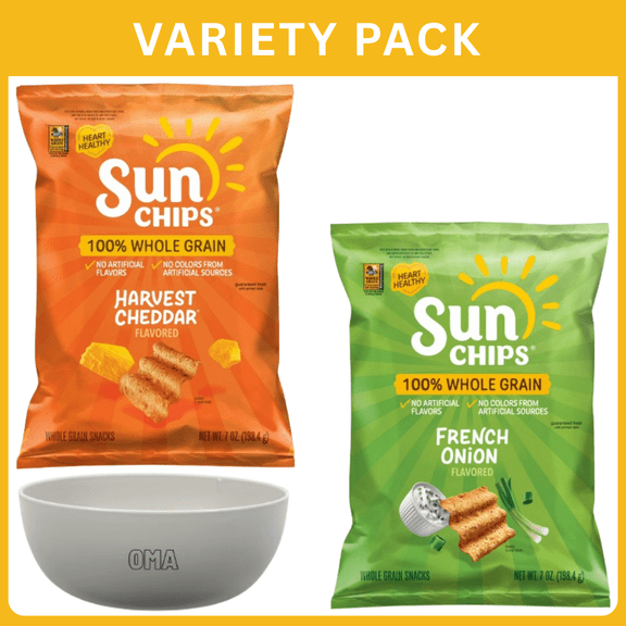 SunChips Harvest Cheddar Flavored Multigrain Snacks 7 oz + SunChips French Onion Multigrain Snacks 7 oz, Variety Pack with Bowl by OMA.