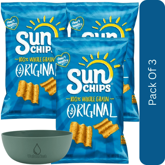 SunChips Original Whole Grain Snack Chips 7 oz Bag, Crunchy & Lightly Salted With Olive Green Bowl By ValueNest