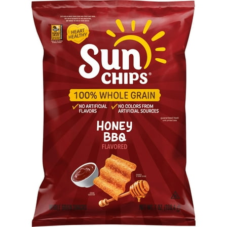 SunChips 100% Whole Grain Honey BBQ Snack Chips Bag, 7 oz​