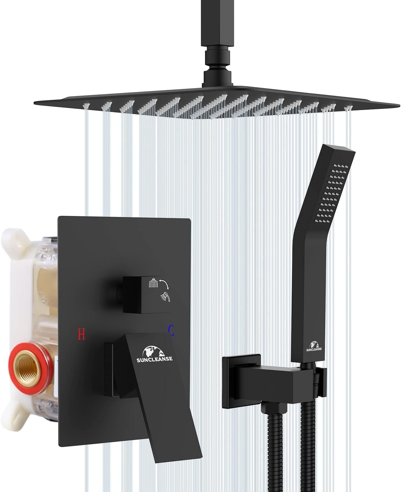 SunCleanse 12 Inches Rainfall Shower System Matte Black Ceiling Mounted Shower System Combo Set with High Pressure Square Rain Shower Head Handheld and Shower Faucet Rough-in Mixer Valve and Trim