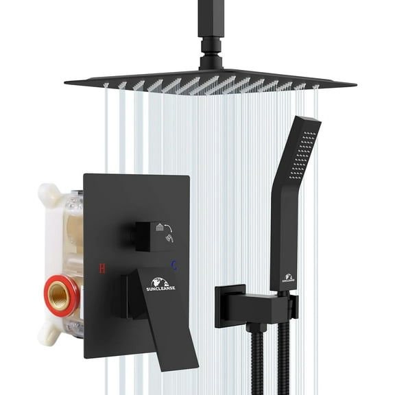 SunCleanse 12 Inches Rainfall Shower System Matte Black Ceiling Mounted Shower System Combo Set with High Pressure Square Rain Shower Head Handheld and Shower Faucet Rough-in Mixer Valve and Trim