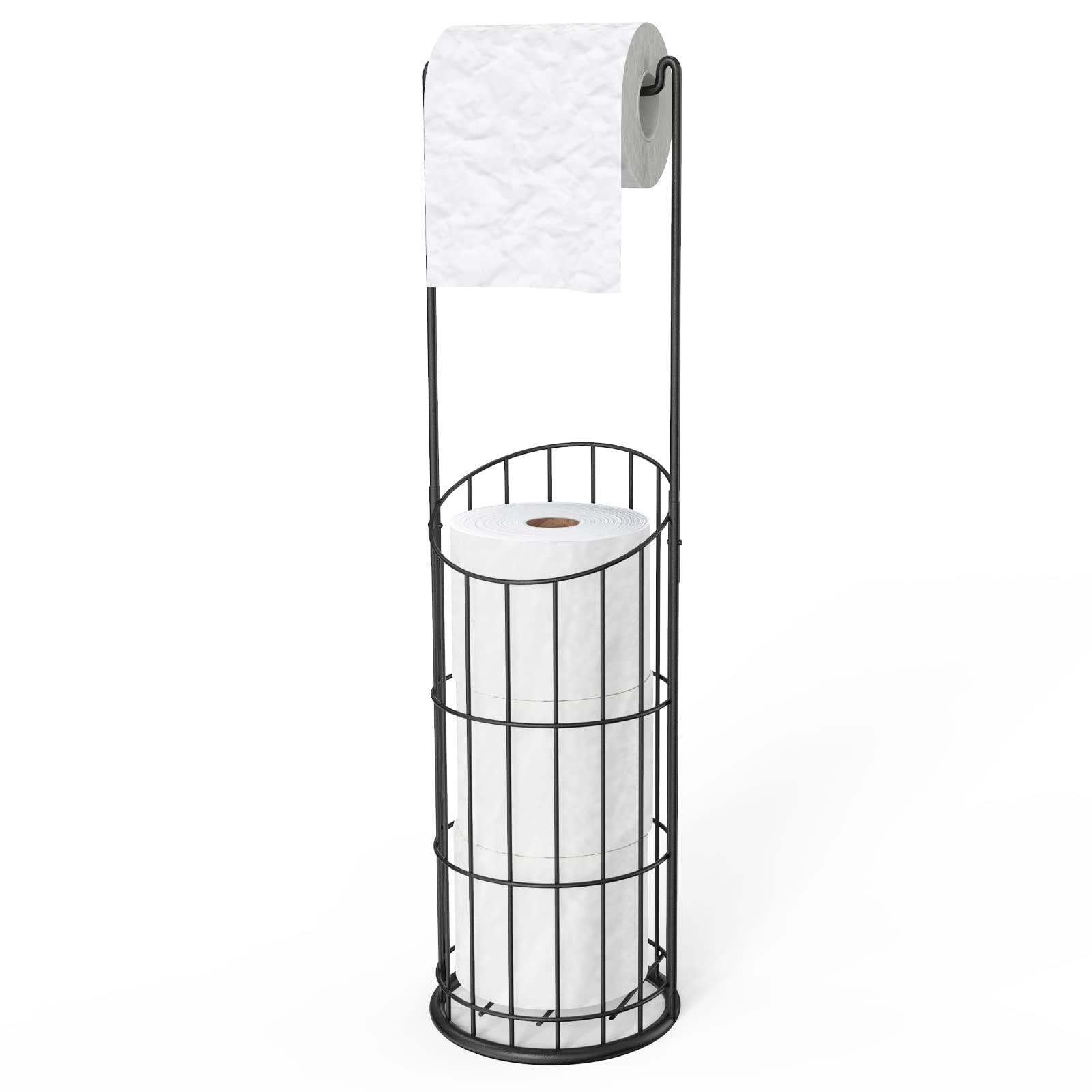 SunCleanse Freestanding Toilet Paper Holder with Storage for 4 Rolls, No Installation Needed, Matte Black Bathroom Organizer