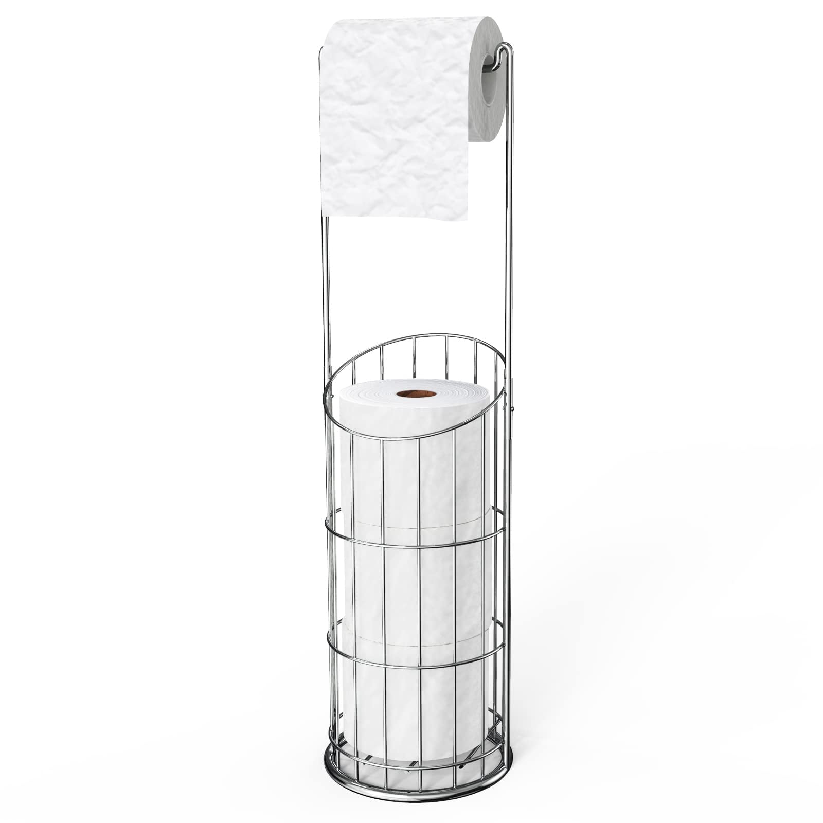 SunCleanse Standing Toilet Paper Holder, Upgraded Chrome Bathroom Tissue Dispenser - Holds 1 Jumbo Roll & 3 Extra Rolls, 304 Stainless Steel, Polished Chrome