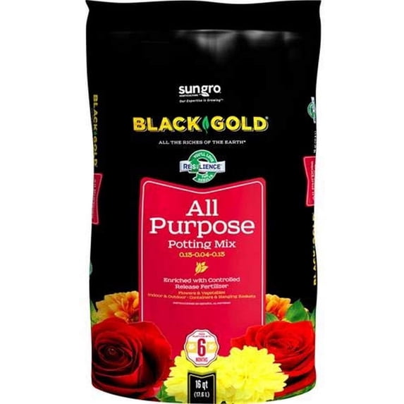SunGro Black Gold All Purpose Natural Potting Soil Fertilizer Mix, 16 Quart Bag