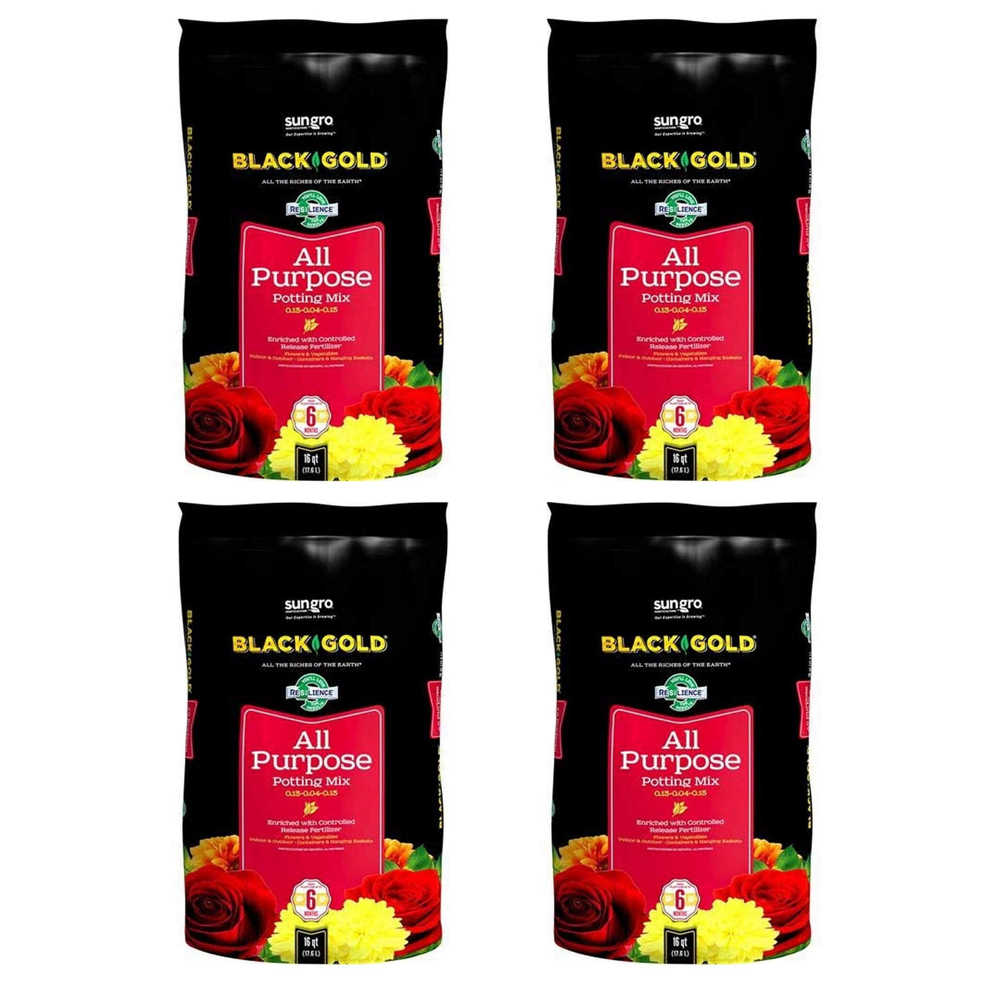 4-pack Sun Gro Black Gold All Purpose Potting Soil Mix - Fertilizer, House Plants - 16 qt, 4 Pack — Outdoor & Indoor Plant Use, Easy Application