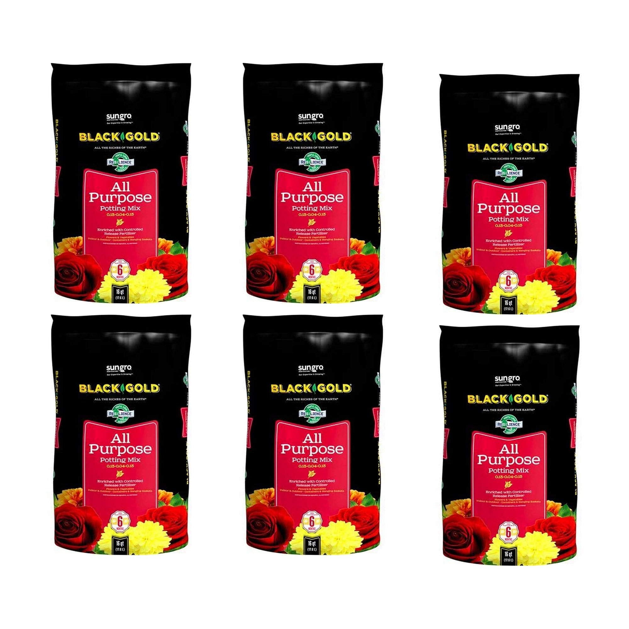 6-pack Sun Gro Black Gold All Purpose Potting Soil Mix - Fertilizer, House Plants - 6 Pack, 16 qt — Outdoor & Indoor Plant Use, Easy Application