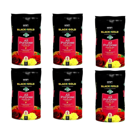 SunGro Black Gold All Purpose Potting Soil Fertilizer Mix for House Plants, Vegetables, Herbs and More, 16 Quart Bag 6 Pack