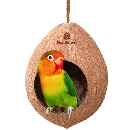 SunGrow Finch & Budgie Coconut Shell Breeding Nest & Bird Seed Storage, Shelter from Cold Weather & Tropical Garden Decor