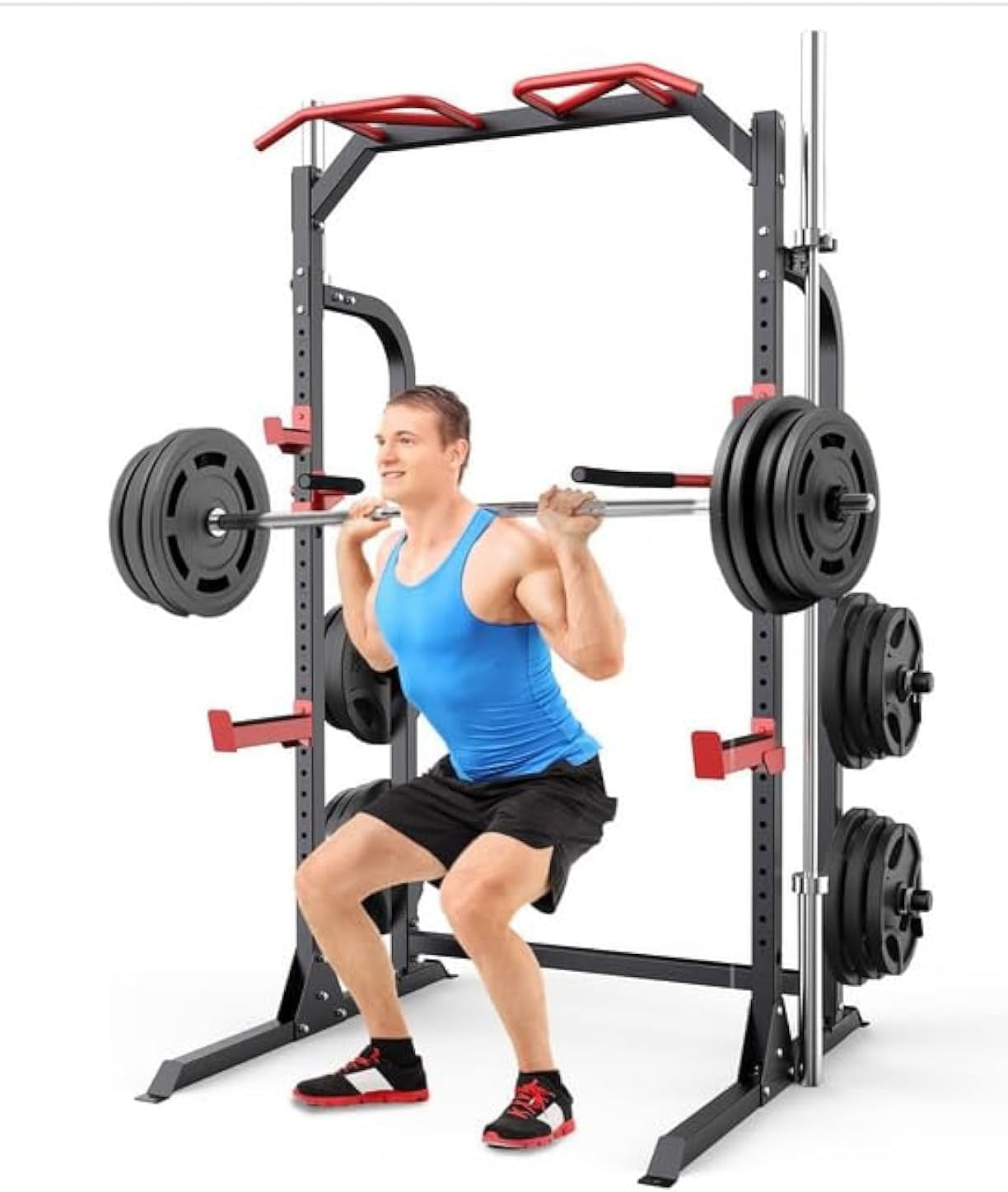 SunHome Power Cage Squat Rack, Multi-Functional Power Rack with Adjustable Cable Crossover System, J-Hooks, Dip Handles, Weight Plate Storage