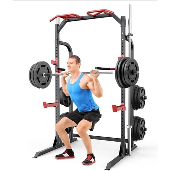 SunHome Power Cage Squat Rack, Power Rack with Pulley System, Adjustable Cable Crossover System, J-Hooks, Dip Handles, Weight Plate Storage
