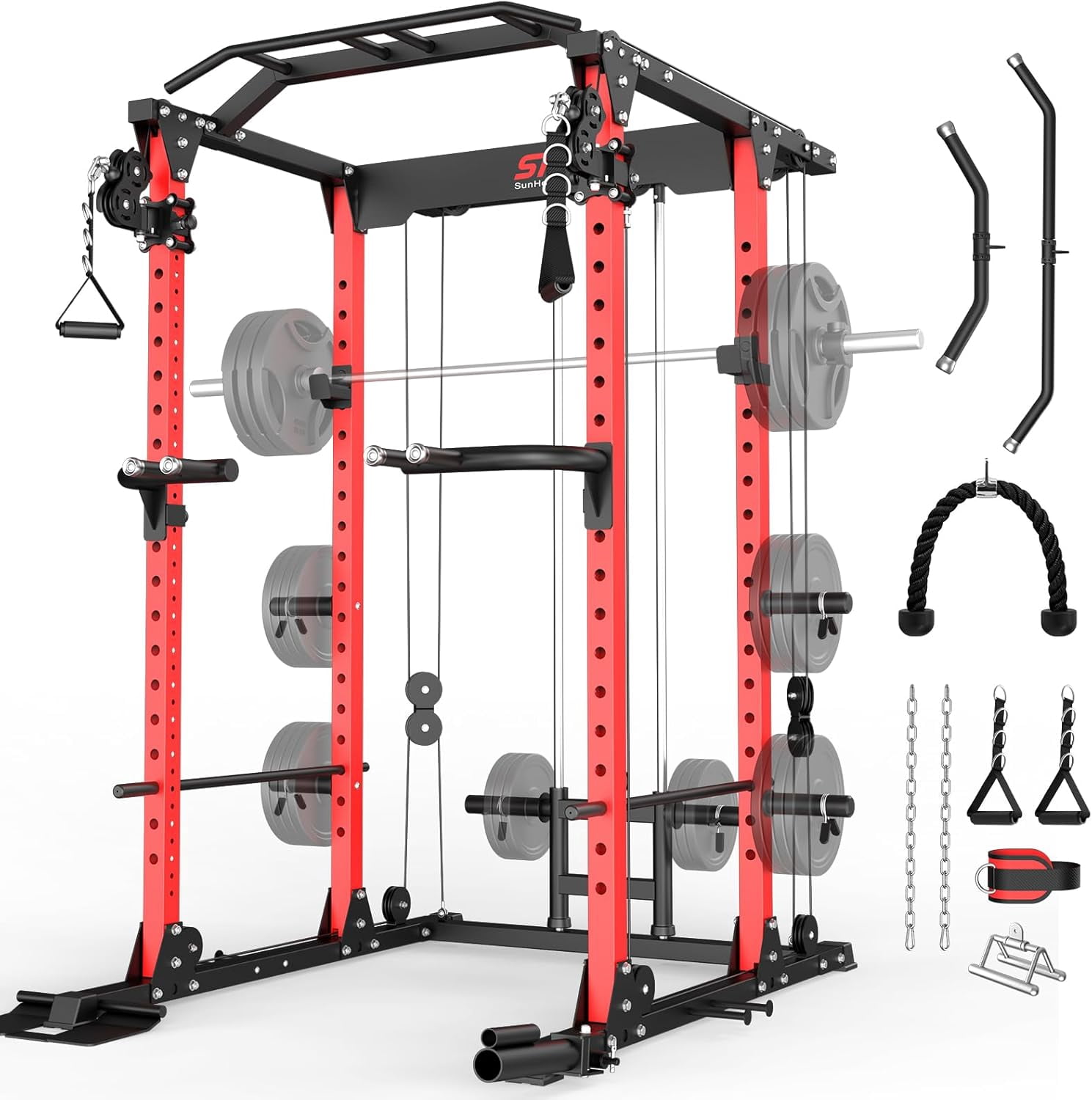 SunHome Power Cage Squat Rack, Power Rack with Pulley System, Adjustable Cable Crossover System, J-Hooks, Dip Handles, Weight Plate Storage