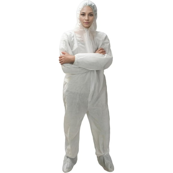 SunLite Ultra SMS Protective Hazmat Suit, Attached Hood and Boots, 6-Pack, White (LG)