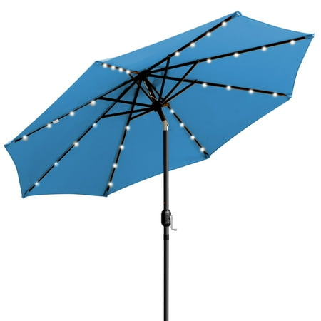 Sun Ray - 9' Round Solar Lighted Umbrella - Steel - 8Rib - Teal