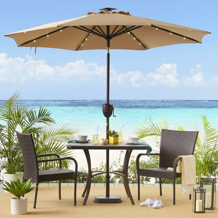 Sun Ray - 9' Round 8Rib Aluminum Bluetooth Solar Lighted Umbrella - Taupe