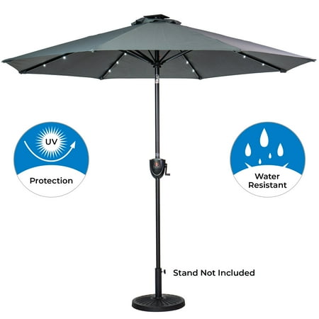 Sun Ray - 9' Round 8Rib Aluminum Bluetooth Solar Lighted Umbrella - Grey