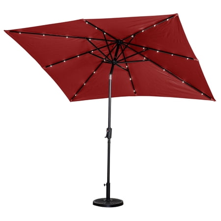 SunRay 9' x 7' Rectangular Patio LED Umbrella Solar Powered w/Crank & Tilt Outdoor Umbrella, Scarlet