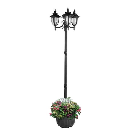 SunRay Hannah 3-Head Solar LED Lamp Post & Planter, Dual Amber/White Light Switch, Batteries Included, 7', Black