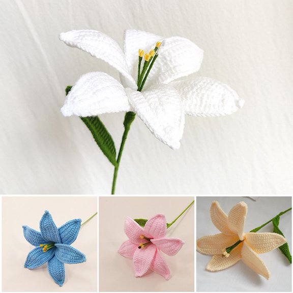 SunRoad Hand-knitted Crochet Lily Bouquet Vibrant Color Non-fading Realistic Hand Woven DIY Craft Flower Gifts Home Wedding Decoration
