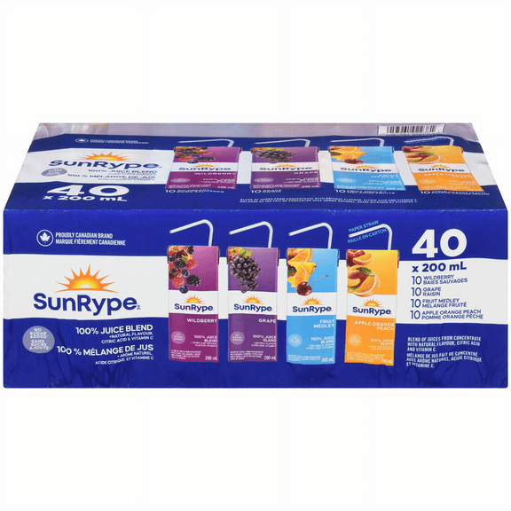 SunRype 100% Pure Fruit Juice Boxes, Variety Pack, Perfect for On-The-Go, 40x200ml
