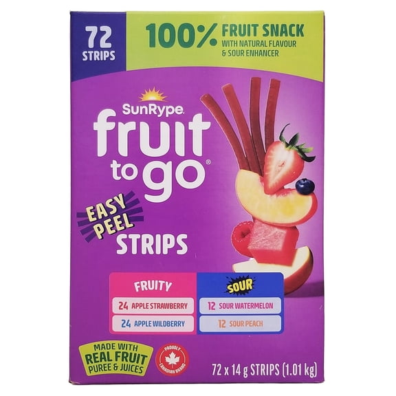 SunRype Fruit-To-Go 100% Fruit Snacks 72ct x 14g Snack Strips - 4 Flavors Bulk Pack