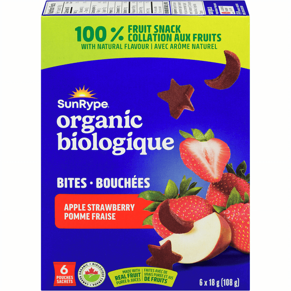SunRype Organic 100% Fruit Bites, Apple Strawberry Flavor, 6 x 18g Pouches, 108g/3.8 oz