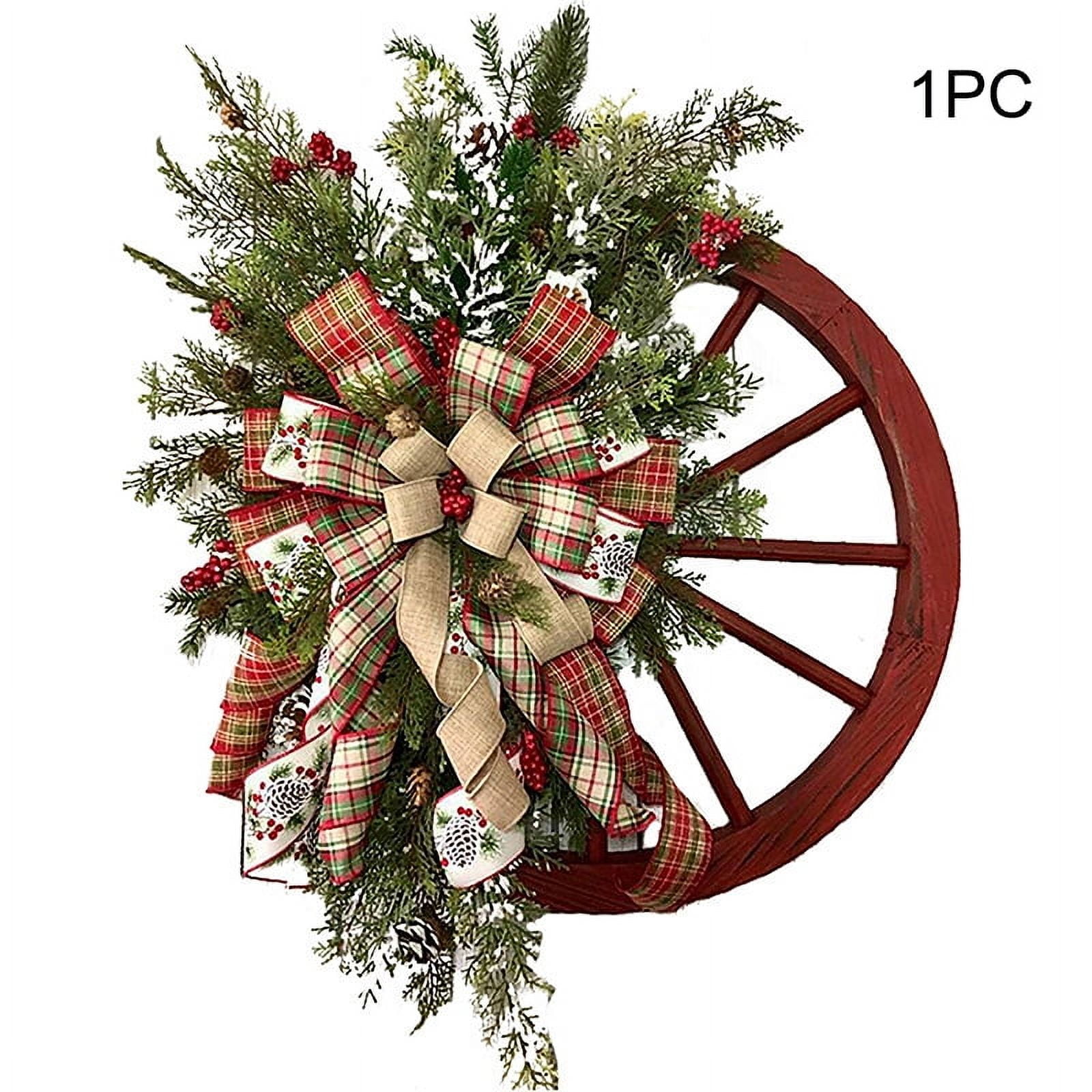 SunShiLing Farmhouse Wagon Wheel Wreath Christmas Winter Door Hanging Home Outdoor Decoration