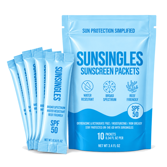 SunSingles Sunscreen SPF 50 Lotion Packets, Broad Spectrum, Water Resistant, Oxybenzone-Free, Travel Size, 0.34 fl oz, 10 Count