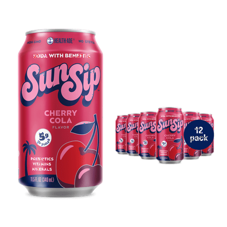 SunSip Cherry Cola Prebiotic Soda, 11.5 oz, 12 Pack Cans