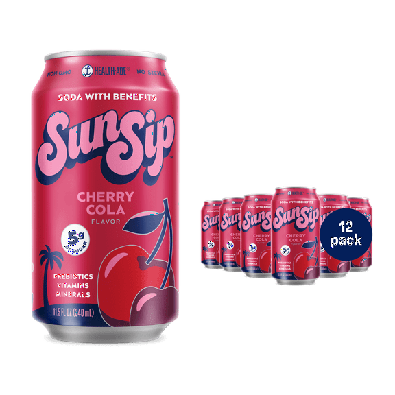 SunSip Cherry Cola Prebiotic Soda, 11.5 oz, 12 Pack Cans