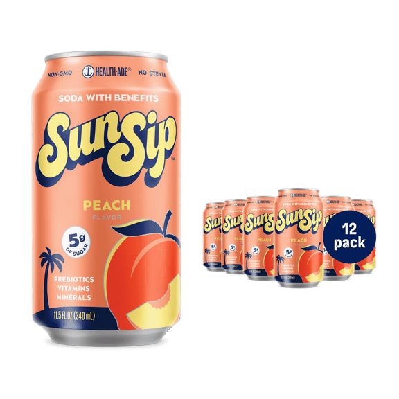 SunSip Peach Prebiotic Soda, 11.5 oz, 12 Pack Cans