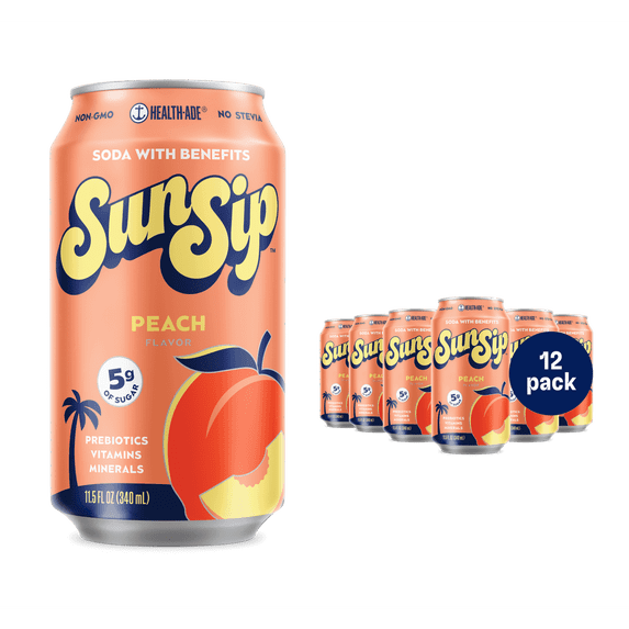 SunSip Peach Prebiotic Soda, 11.5 oz, 12 Pack Cans