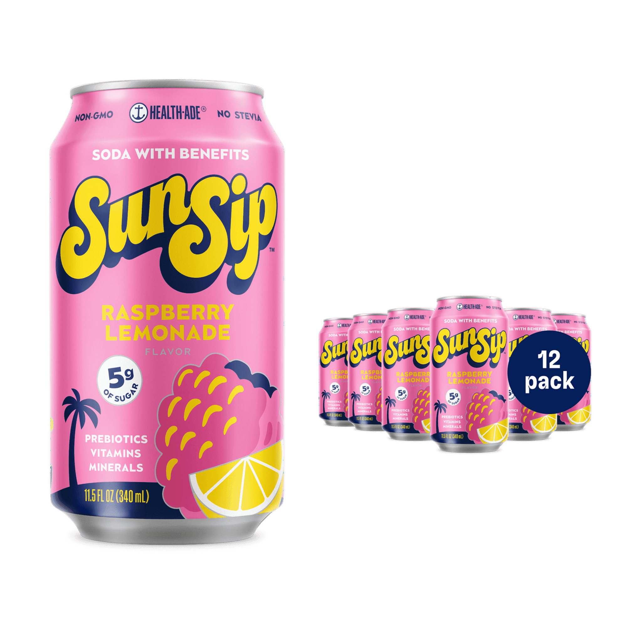 SunSip Strawberry Vanilla Prebiotic Soda, 11.5 oz, 12 Pack Cans