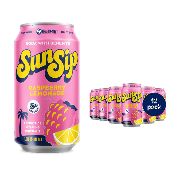 SunSip Raspberry Lemonade Prebiotic Soda, 11.5 oz, 12 Pack Cans