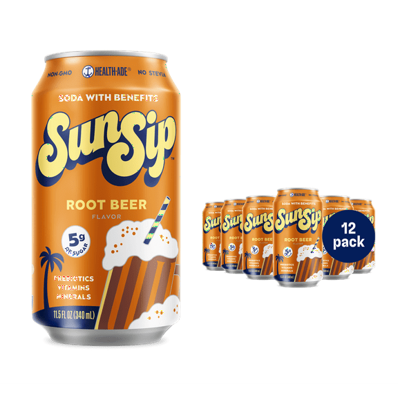 SunSip Root Beer Prebiotic Soda, 11.5 oz, 12 Pack Cans