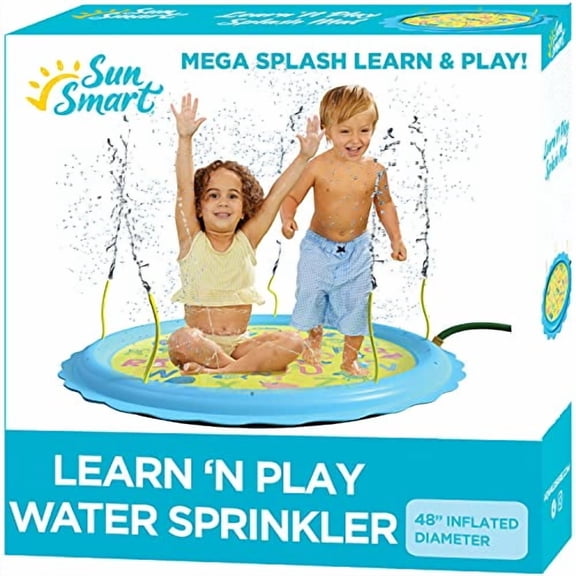 SunSmart 48" Learn N Play 3-in-1 MEGA Sprinkler Splash Pad, 22 Adjustable Spray Zones 360 and Water Wiggle Tubes, Toddlers Sprinkler Splash Mat, Inflatable Outdoor Water Toy