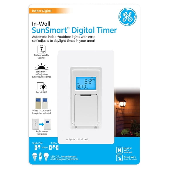 SunSmart Digital in-Wall Timer, Daily ON/Off Times, Programmable Settings, Sunset/Sunre Presets, Vacation Security, White & Almond, Lights, Fans, Heaters, , Light 32787
