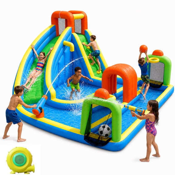 SunSports Inflatable Water Slide, 13*12*7ft Outdoor Playhouse Inflatable Water Park with 450W Blower, Climbing Wall, Water Sprayer, Splash Pool, Basketball Hoop for Kids Outdoor Backyard