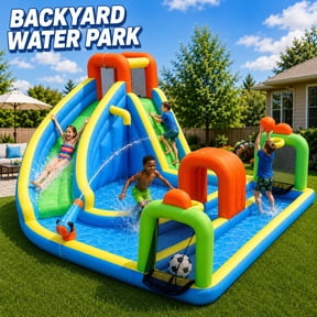 SunSports Inflatable Water Slide, 13*15*7ft Outdoor Playhouse Inflatable Water Park with 450W Blower, Climbing Wall, Water Sprayer, Splash Pool, Basketball Hoop for Kids Outdoor Backyard