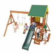 SunSwell Wooden Swing Sets for Backyard - Outdoor Playset with 8 FT Wave Slide, 2 Belt Swings, Play Deck, Monkey Bars, Rock Wall Ladder, Shaded Picnic Area, Snack Bar, Playground Sets,Green